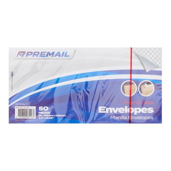 Pack of 50 DL Peel & Seal Envelopes - Manilla by Premier on Schoolbooks.ie