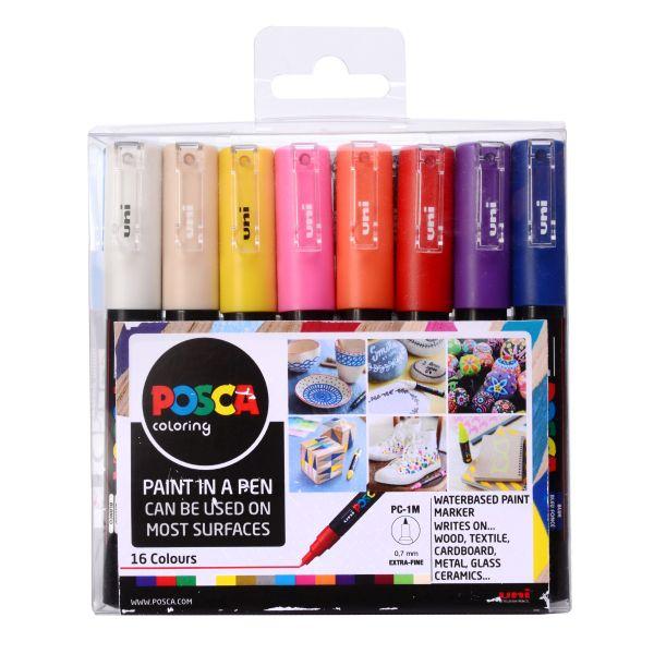 ■ Posca PC - 1M Extra-Fine Bullet Tip - Set of 16 Colours by Posca on Schoolbooks.ie