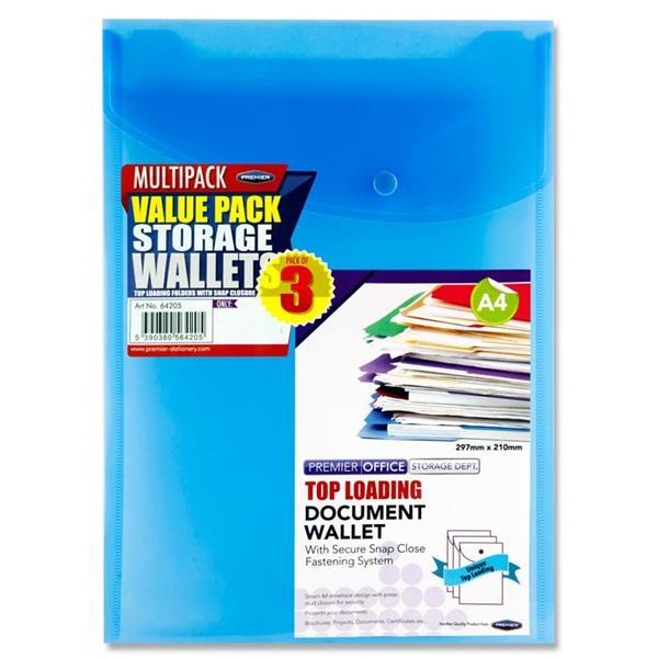 ■ A4 Upright Top Loading Document Wallets - Pack of 3 Assorted by Premier Stationery on Schoolbooks.ie