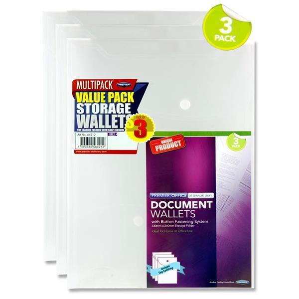 ■ A4 Upright Top Loading Document Wallets - Pack of 3 Assorted - Clear by Premier Stationery on Schoolbooks.ie