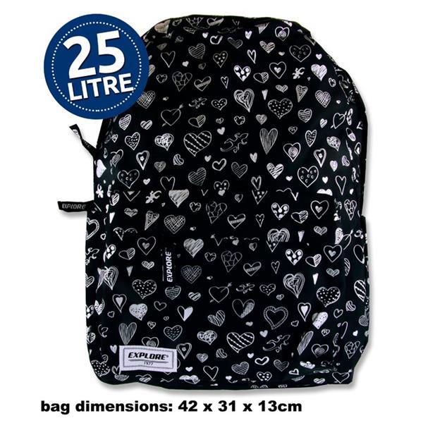 Explore Backpack - 25 Litre - Black Hearts Full by Premier Stationery on Schoolbooks.ie