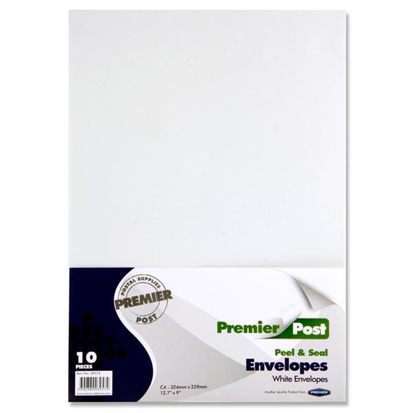 Pack of 10 C4 Peel & Seal Envelopes - White by Premier on Schoolbooks.ie