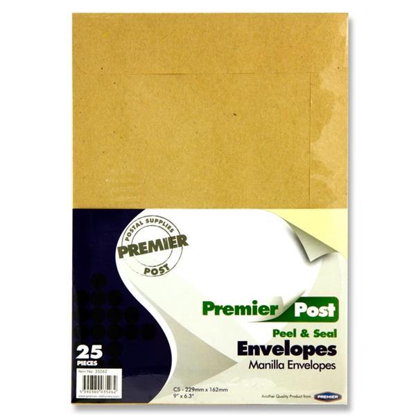 Pack of 25 C5 Peel & Seal Envelopes - Manilla by Premier Stationery on Schoolbooks.ie