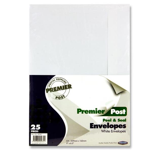 Pack of 25 C5 Peel & Seal Envelopes - White by Premier on Schoolbooks.ie