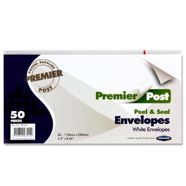 Pack of 50 DL Peel & Seal Envelopes - White by Premier Stationery on Schoolbooks.ie