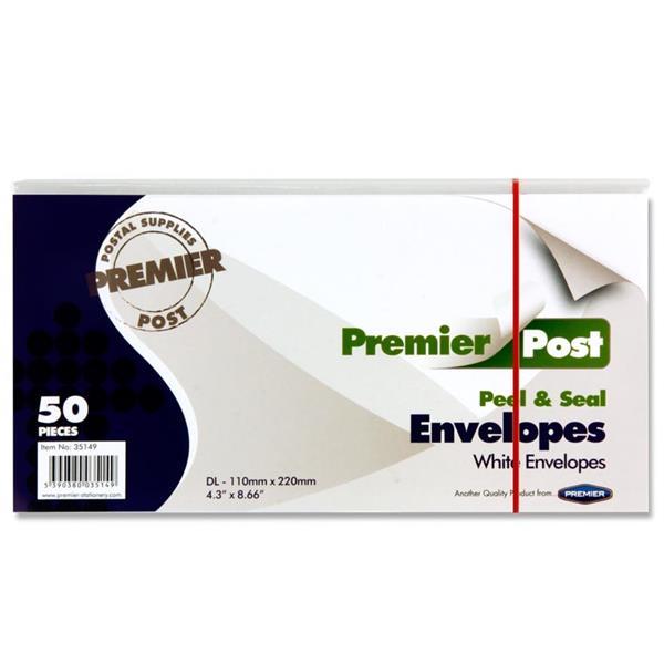 Pack of 50 DL Peel & Seal Envelopes - White by Premier Stationery on Schoolbooks.ie