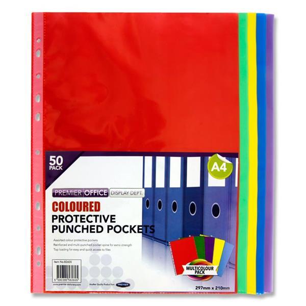 Premier Office A4 Packet of 50 Punched Pockets - Coloured by Premier Stationery on Schoolbooks.ie