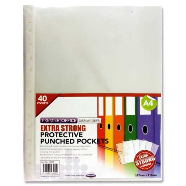 Premier Office Packet of 40 A4 Extra Strong Punched Pockets by Premier Stationery on Schoolbooks.ie