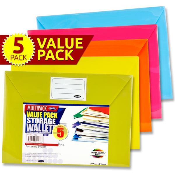 Premier Office Packet of 5 A4 Button Wallets - Bright by Premier Office on Schoolbooks.ie