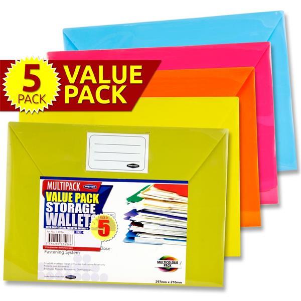 Premier Office Packet of 5 A4 Button Wallets - Bright by Premier Stationery on Schoolbooks.ie