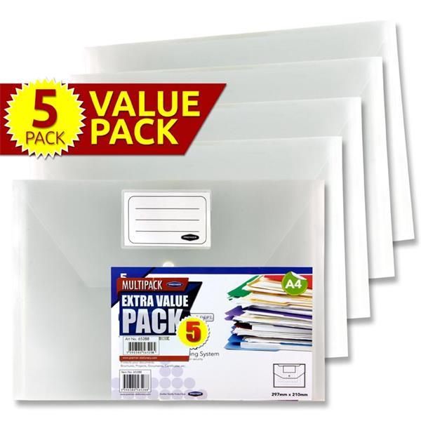 Premier Office Packet of 5 A4 Button Wallets - Clear by Premier Stationery on Schoolbooks.ie