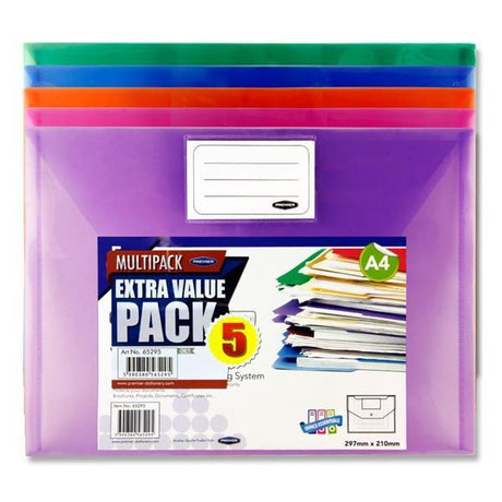 Premier Office Packet of 5 A4 Button Wallets - Coloured by Premier Office on Schoolbooks.ie