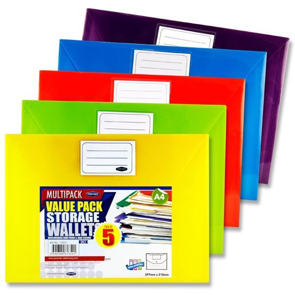 Premier Premtone Packet of 5 X A4 Button Storage Wallets by Premtone on Schoolbooks.ie