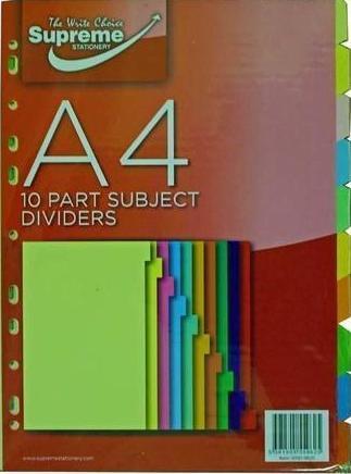 Supreme - 10 Part Subject Dividers by Supreme Stationery on Schoolbooks.ie