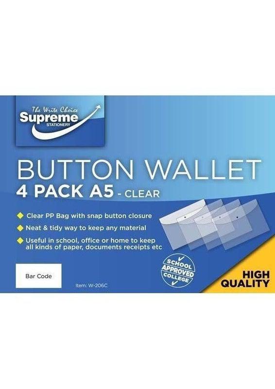 Button Wallet - 4 Pack Clear - A5 by Supreme Stationery on Schoolbooks.ie