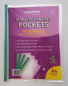 Supreme Stationery - Bio Punched Pockets - A4 - Pack of 30 by Supreme Stationery on Schoolbooks.ie