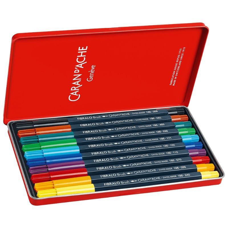 Caran d'Ache - Fibralo Brush Pens - Metal Tin with 10 Assorted Colours by Caran d'Ache on Schoolbooks.ie